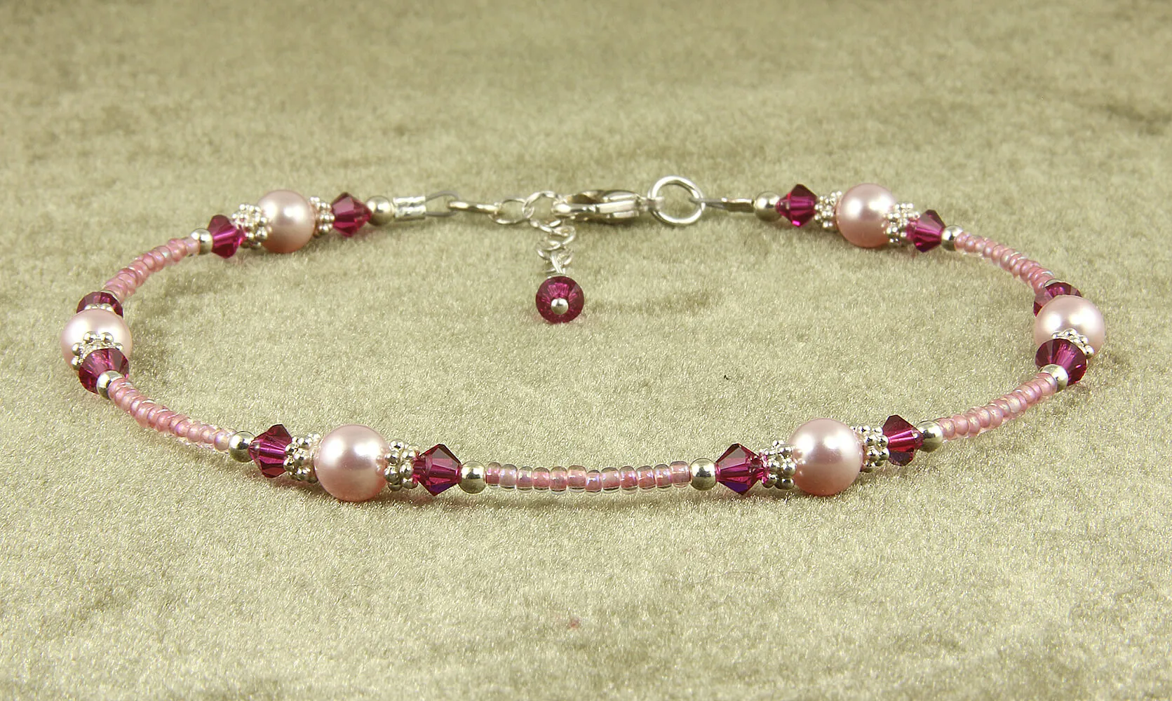 Fuchsia Pink Rose Crystal Pearl Anklet