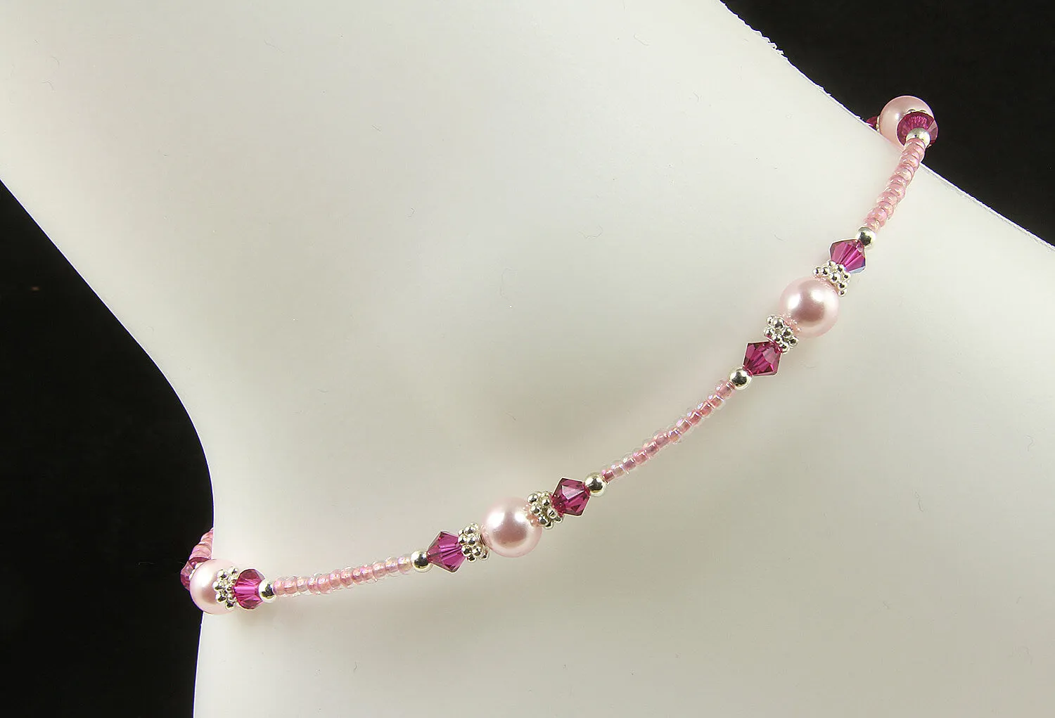 Fuchsia Pink Rose Crystal Pearl Anklet