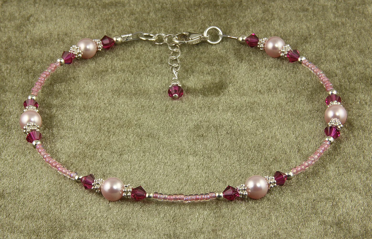 Fuchsia Pink Rose Crystal Pearl Anklet