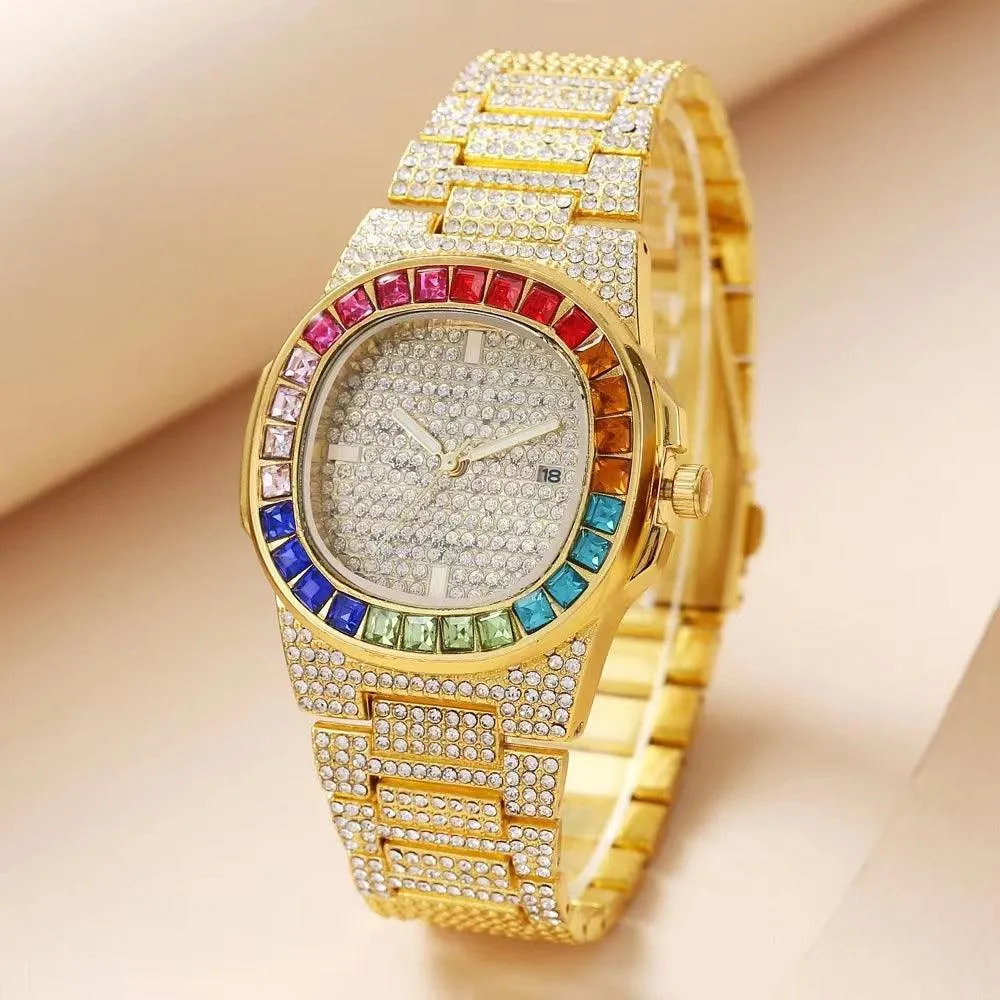 Full Diamond Inlaid Color Diamond Steel Belt Square Belt Calendar Quartz Wrist Watch