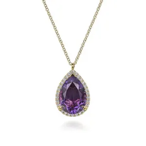 Gabriel 14K Yellow Gold Diamond and Flat Pear Shape Amethyst Necklace With Flower Pattern J-Back NK7460Y45AM