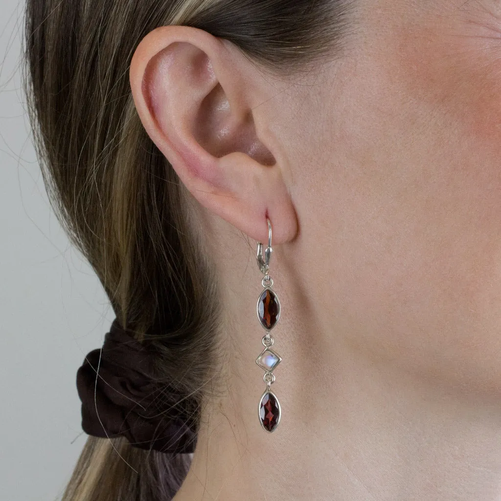 Garnet and Rainbow Moonstone Drop Earrings