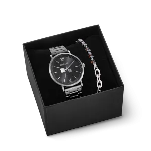 Gift Set Watch Round Statement Anthracite Sunray & bracelet Precious Fusion link chain brown-silver