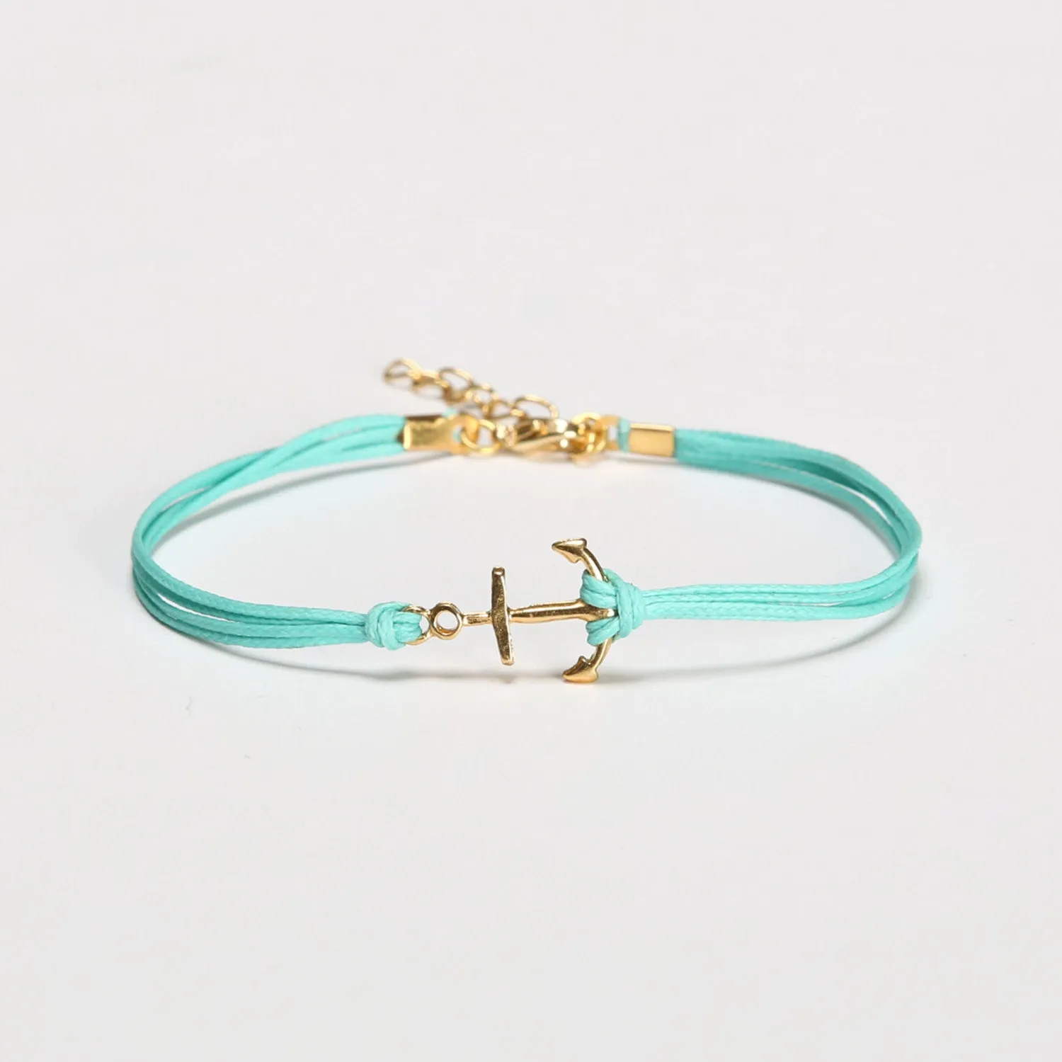 Gold anchor ankle bracelet, turquoise string, handmade custom gift for her