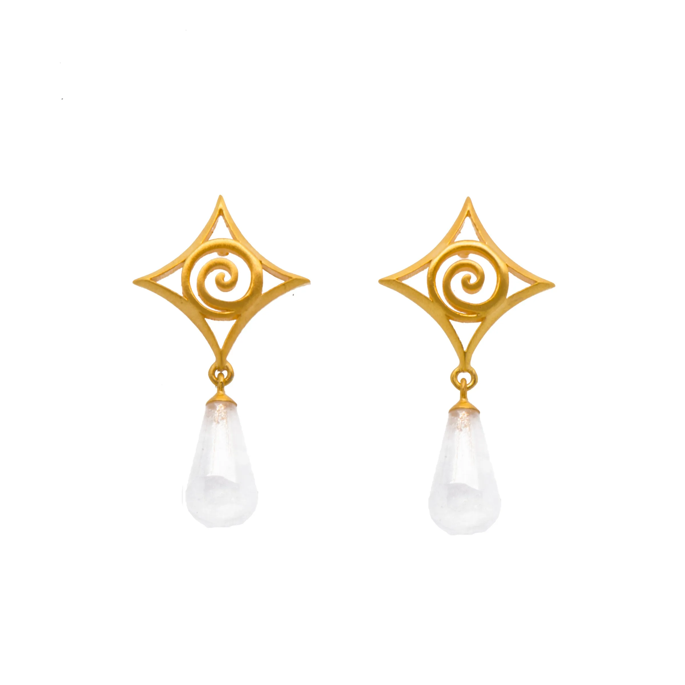 Gratitude Cabochon Drop Rainbow Moonstone Post Earrings 24K Gold Vermeil