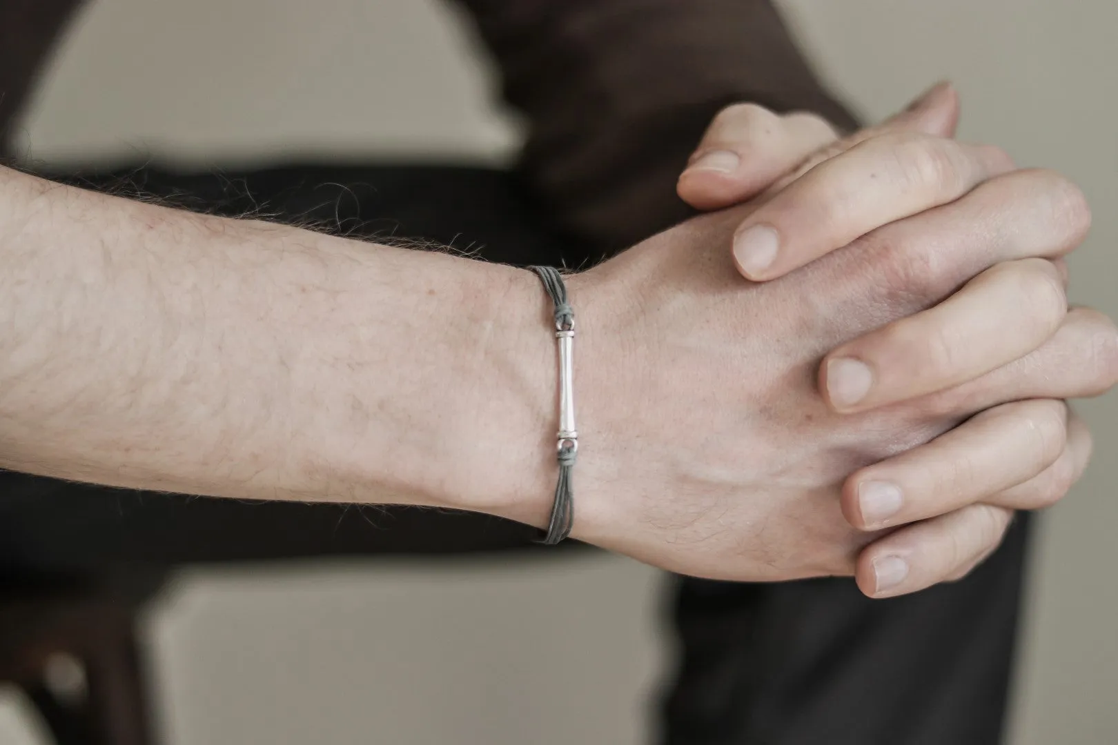 Gray cord bracelet for men with long silver bar, handmade gift for him