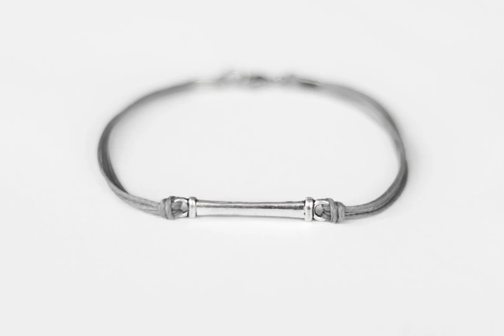 Gray cord bracelet for men with long silver bar, handmade gift for him