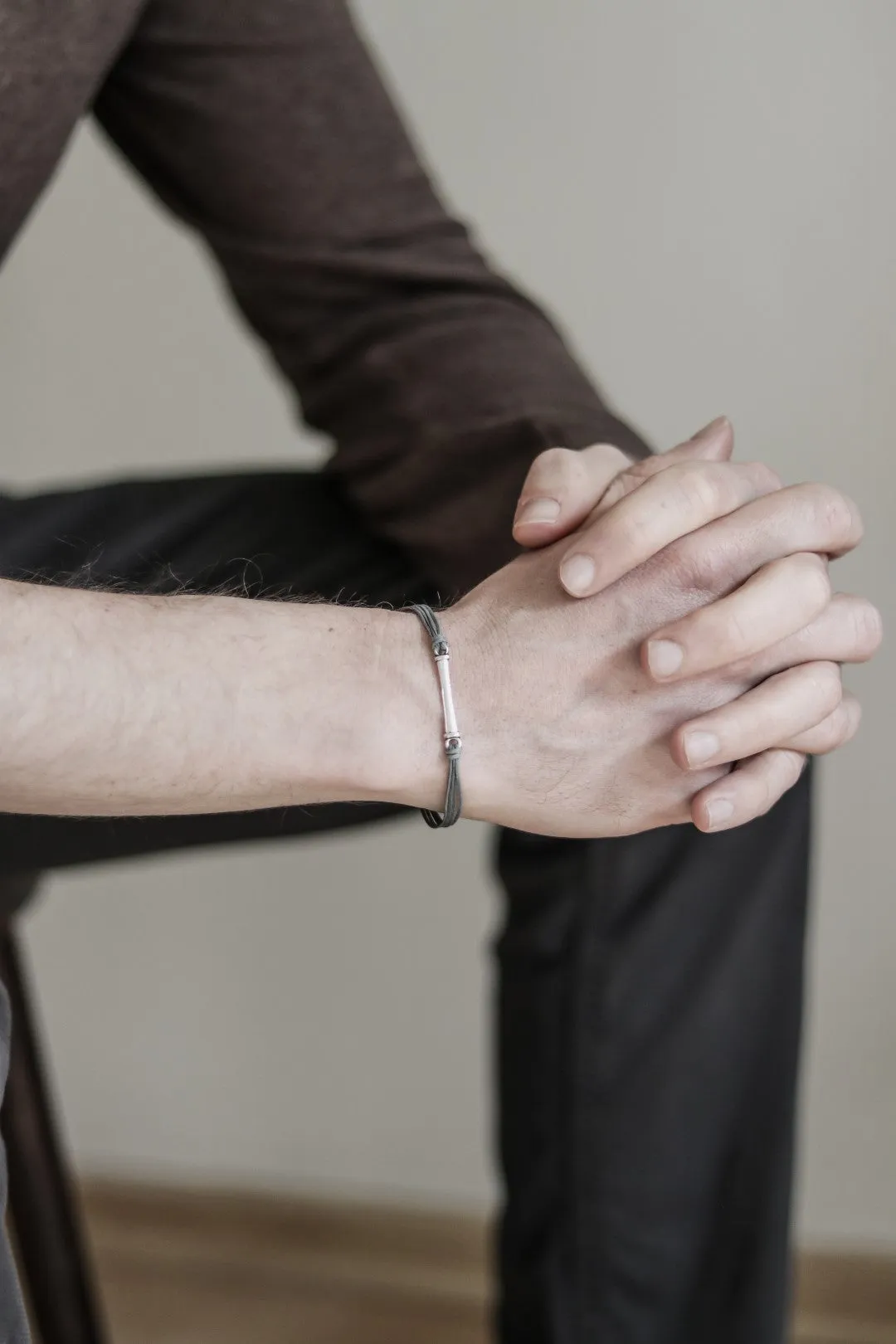 Gray cord bracelet for men with long silver bar, handmade gift for him