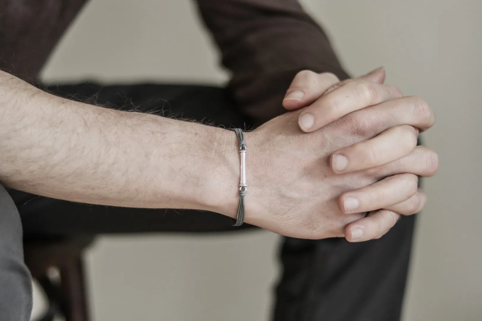 Gray cord bracelet for men with long silver bar, handmade gift for him