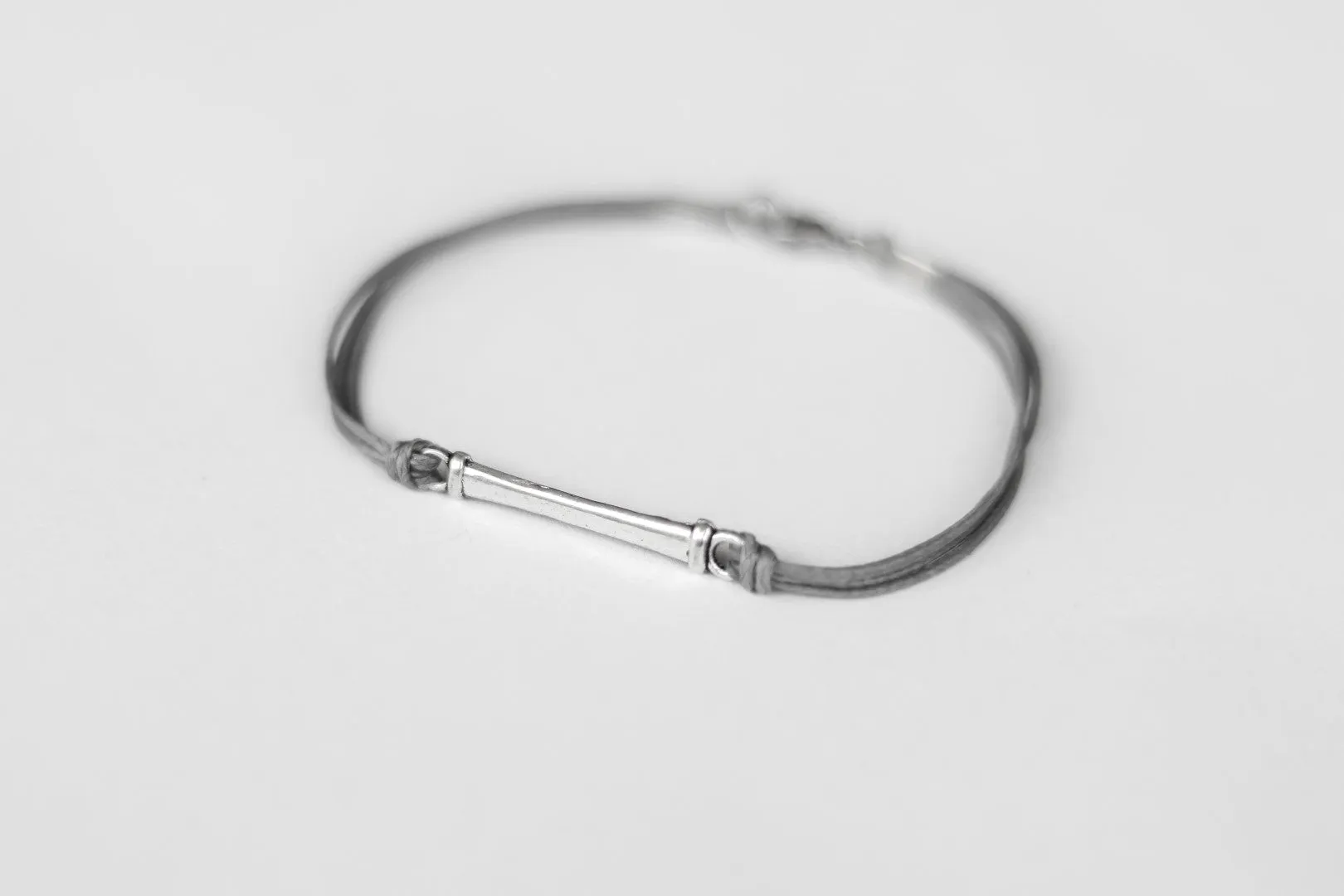 Gray cord bracelet for men with long silver bar, handmade gift for him