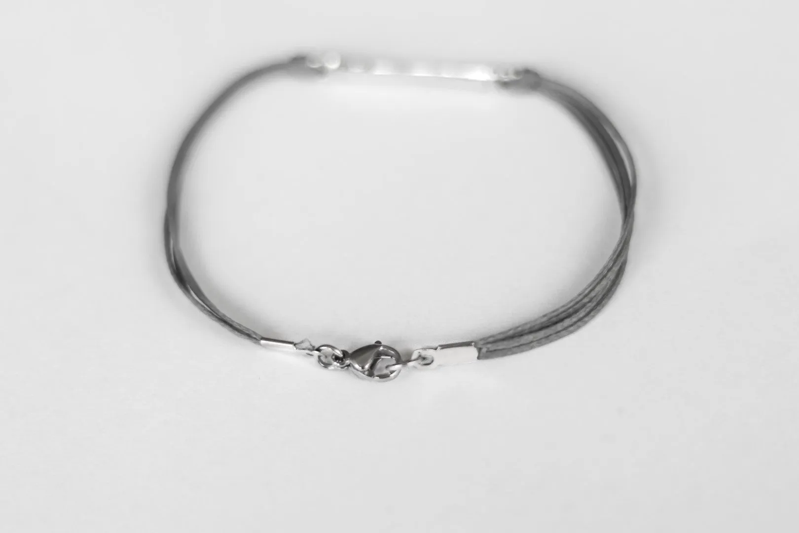 Gray cord bracelet for men with long silver bar, handmade gift for him