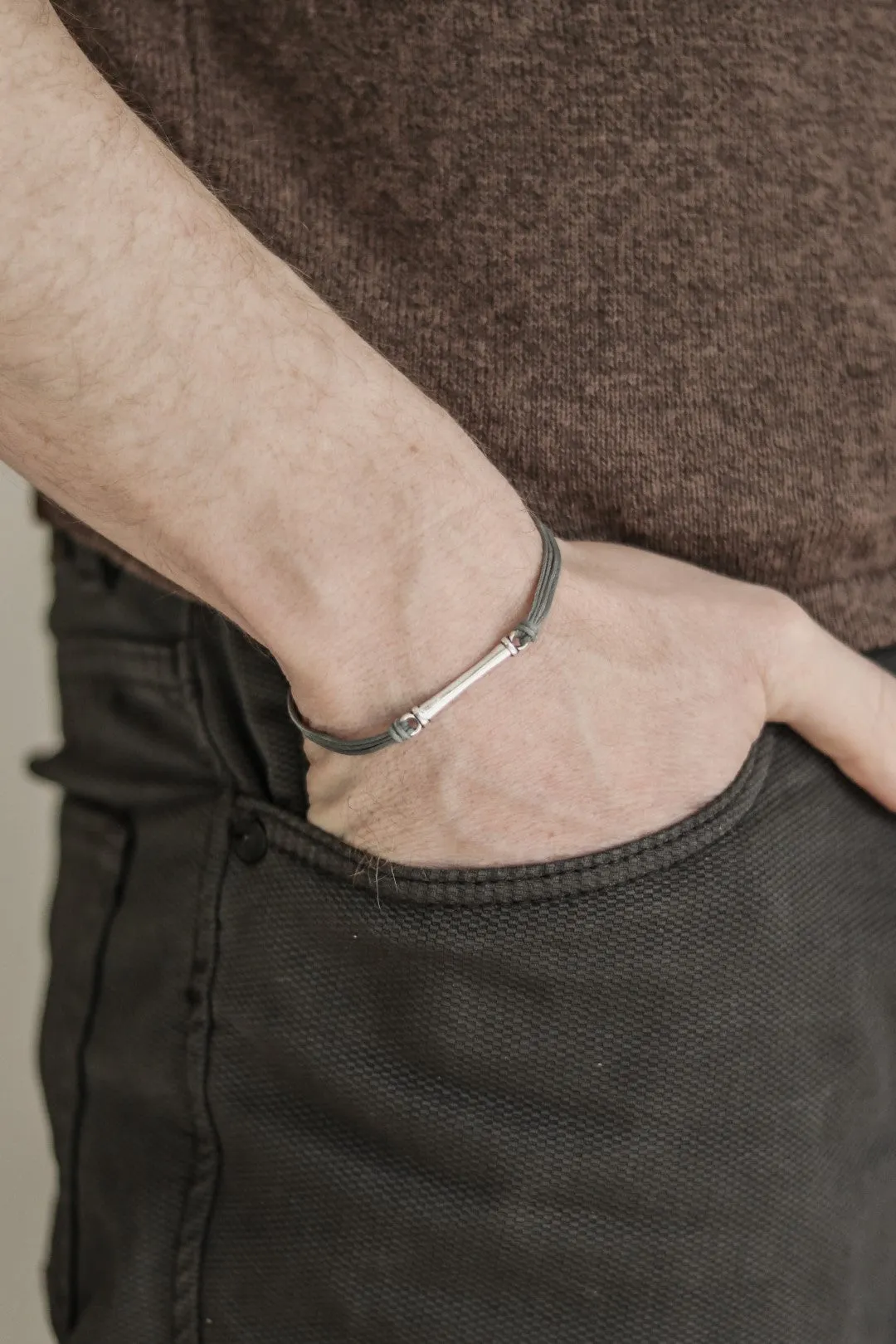 Gray cord bracelet for men with long silver bar, handmade gift for him