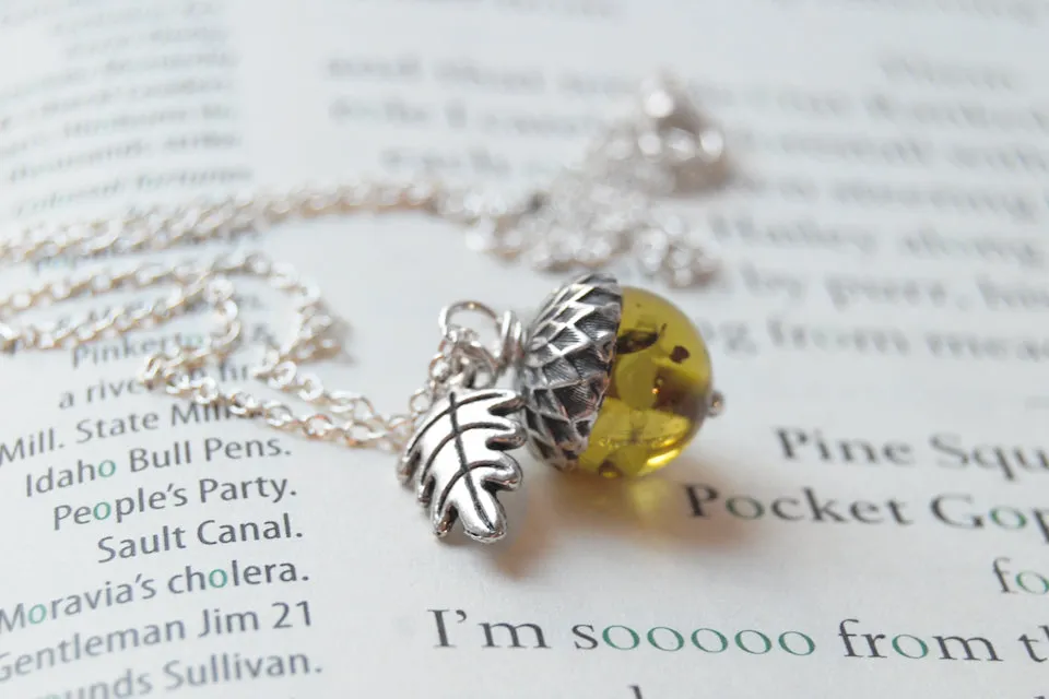 Green Amber and Silver Acorn Necklace | Cute Nature Acorn Charm Necklace | Green Amber Acorn Necklace | Woodland Acorn | Nature Jewelry