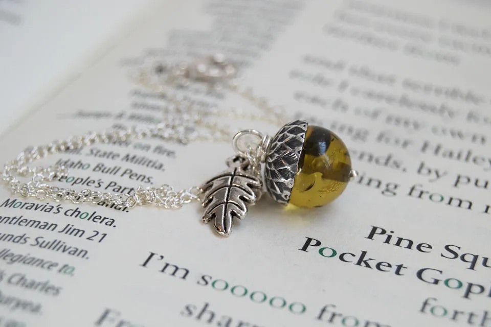 Green Amber and Silver Acorn Necklace | Cute Nature Acorn Charm Necklace | Green Amber Acorn Necklace | Woodland Acorn | Nature Jewelry