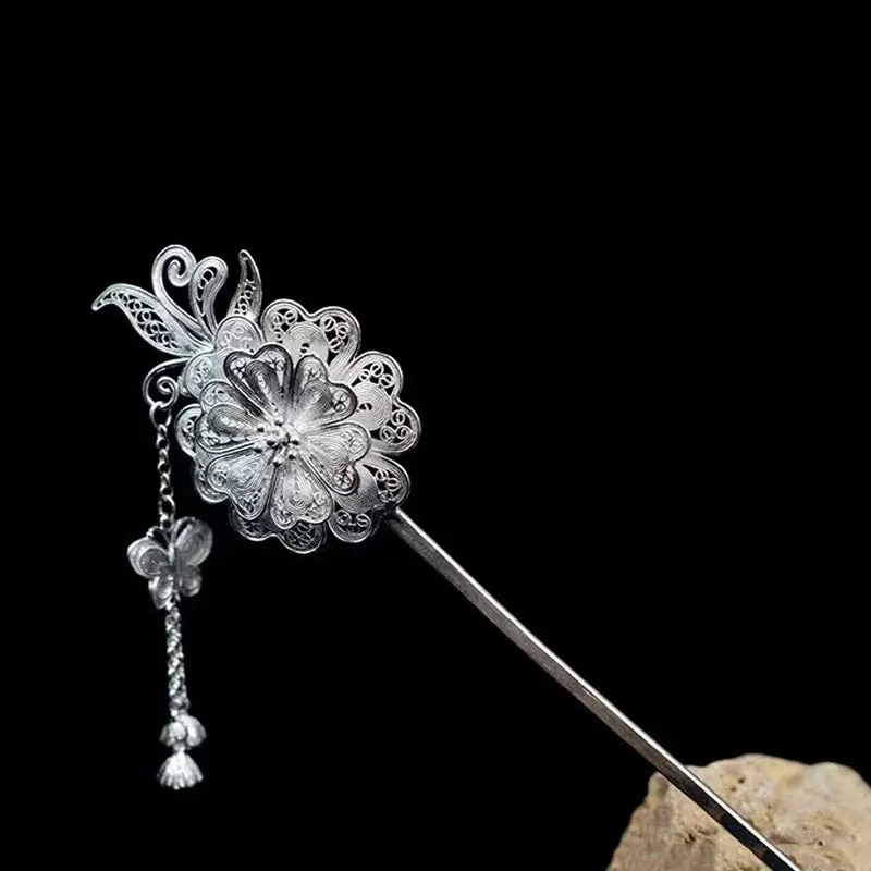 Handcrafted Vintage Chinese Style 999 Sterling Silver Double Flower Filigree Hairpin with Butterfly and Buds Tassel