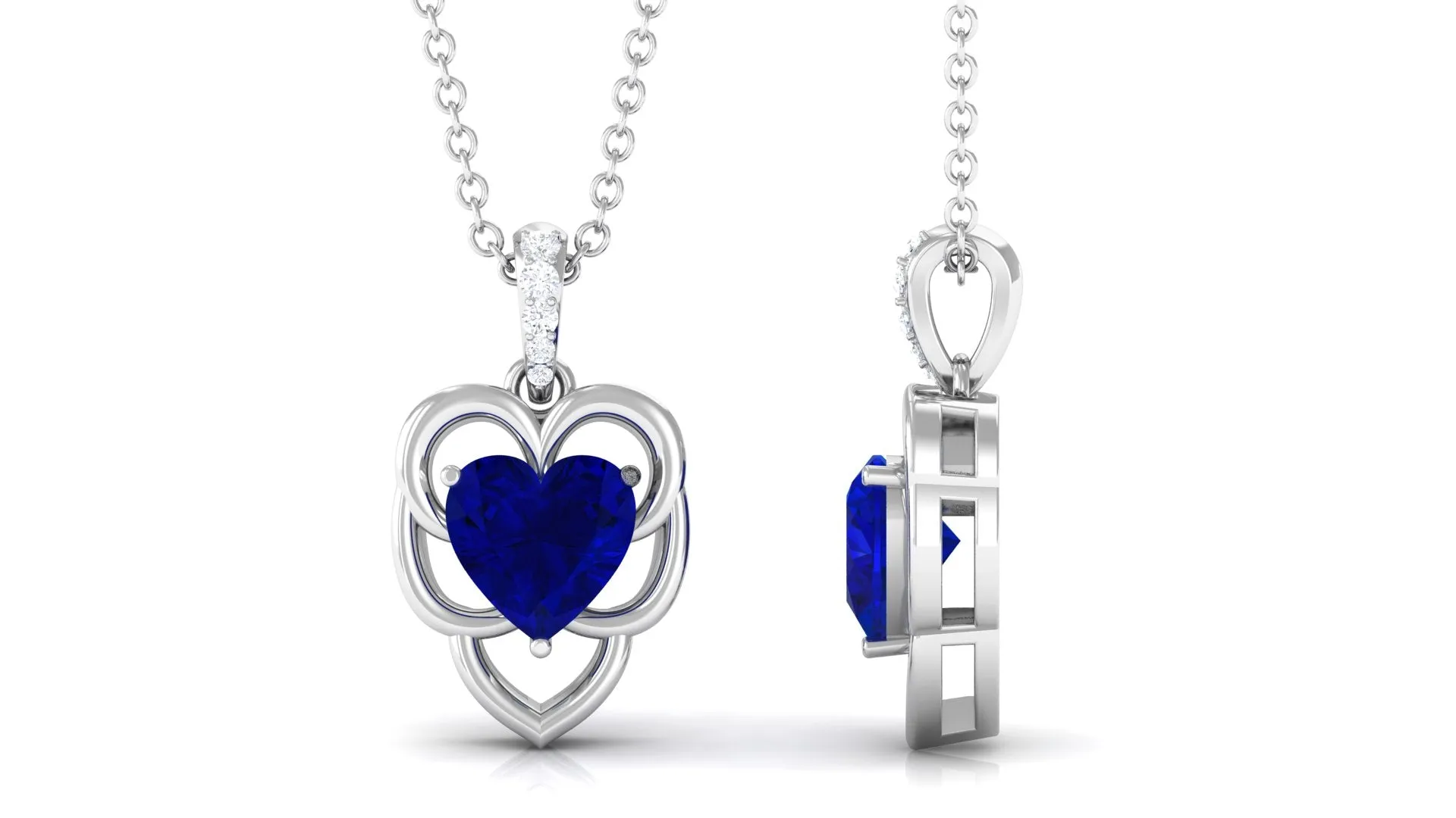 Heart Shape Created Blue Sapphire Leaf Pendant with Diamond Accent Bail