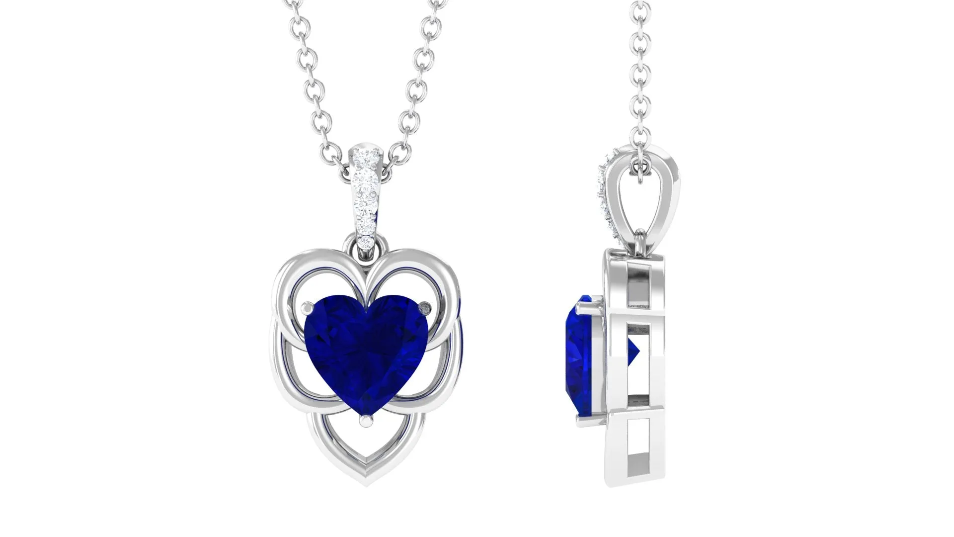 Heart Shape Created Blue Sapphire Leaf Pendant with Diamond Accent Bail