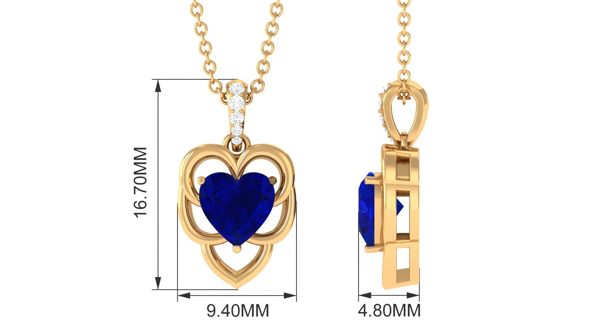 Heart Shape Created Blue Sapphire Leaf Pendant with Diamond Accent Bail