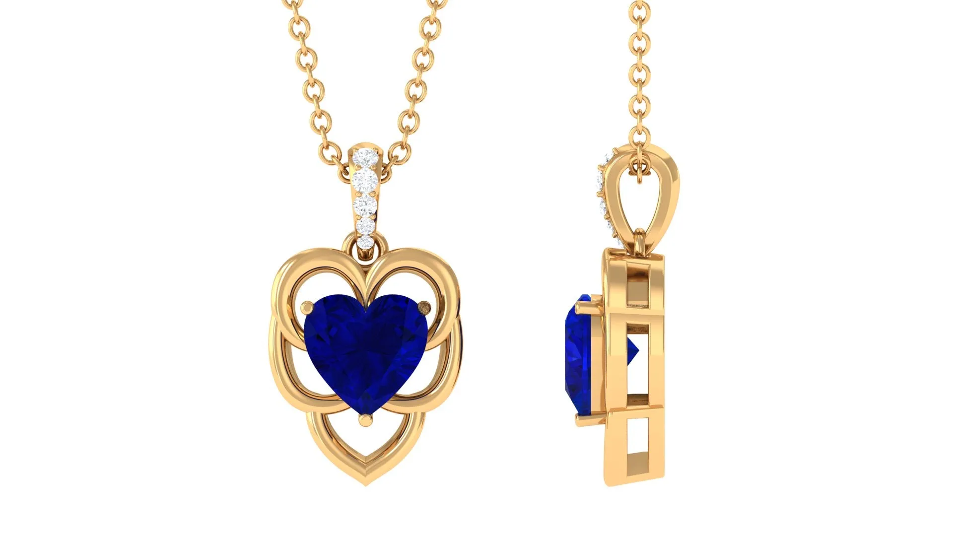 Heart Shape Created Blue Sapphire Leaf Pendant with Diamond Accent Bail