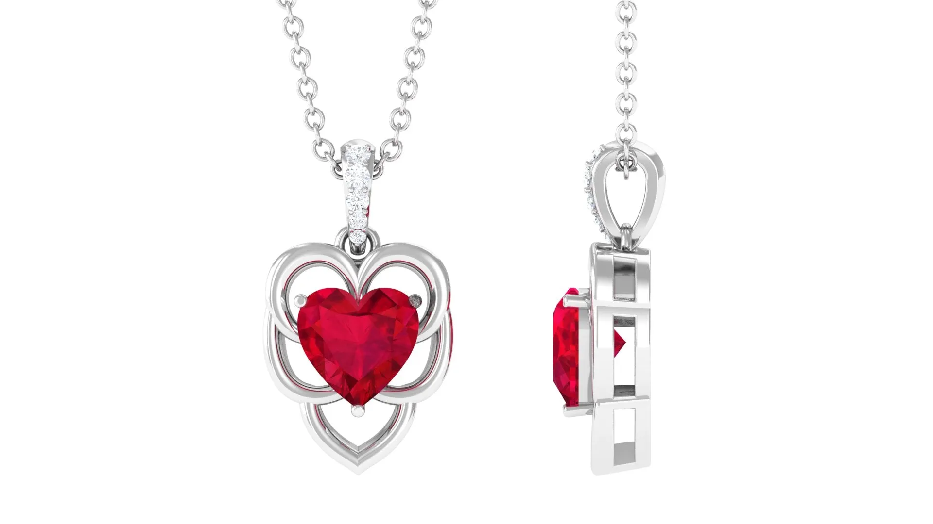 Heart Shape Created Ruby Leaf Pendant with Diamond Accent Bail