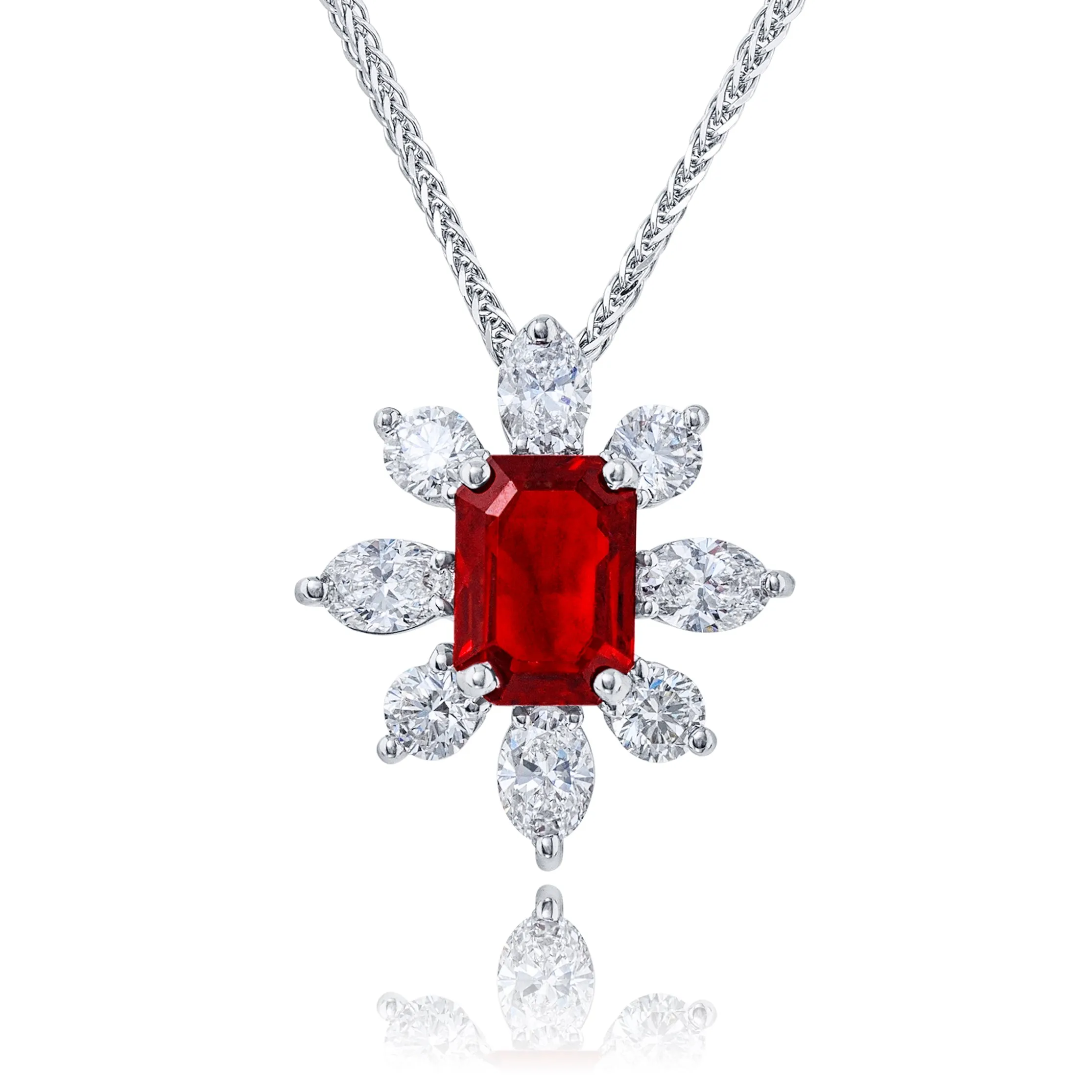 JB Star Emerald Cut Ruby & Diamond Pendant Necklace