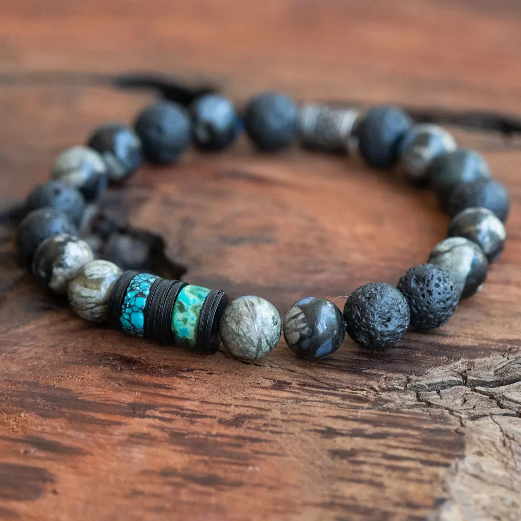 Just Be You: Mens African Grey Opal, Pyrite, Turquoise, Lava Rock Stacking Style Bracelet