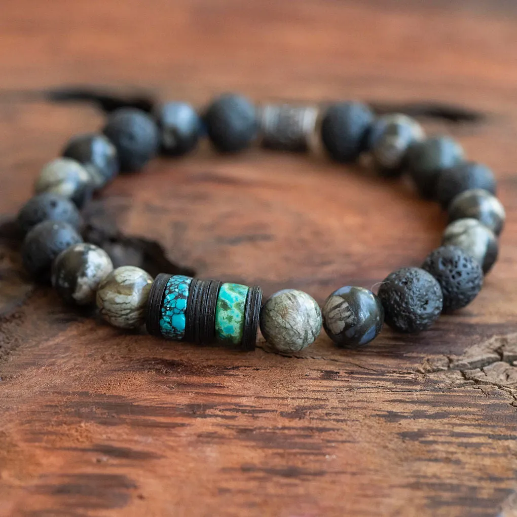 Just Be You: Mens African Grey Opal, Pyrite, Turquoise, Lava Rock Stacking Style Bracelet