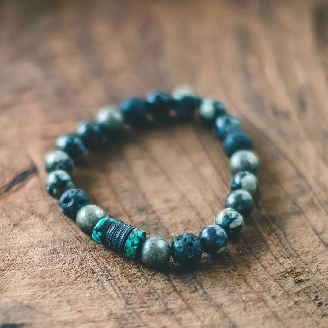 Just Be You: Mens African Grey Opal, Pyrite, Turquoise, Lava Rock Stacking Style Bracelet