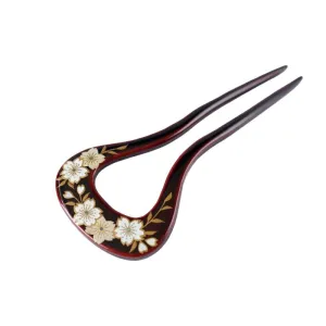 Kanzashi (Japanese Hairpin) decorated with Pure Gold Maki-e Urushi Lacquer and Raden (mother-of-pearl inlay) - Cherry Blossom / Deep Dark Brown Color - ,  Handmade in Kyoto, Japan,  Japanese traditional hair ornament