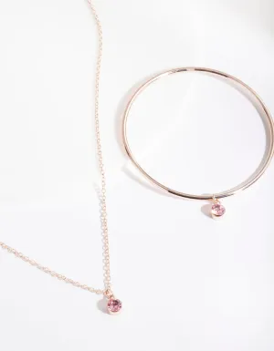 Kids Rose Gold Pink Diamante Charm Necklace & Bangle Set