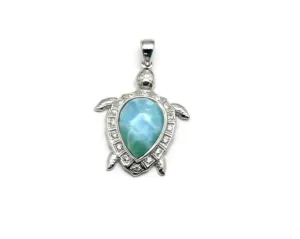 Larimar 10x14mm Sea Turtle Pendant White Sapphire Accent