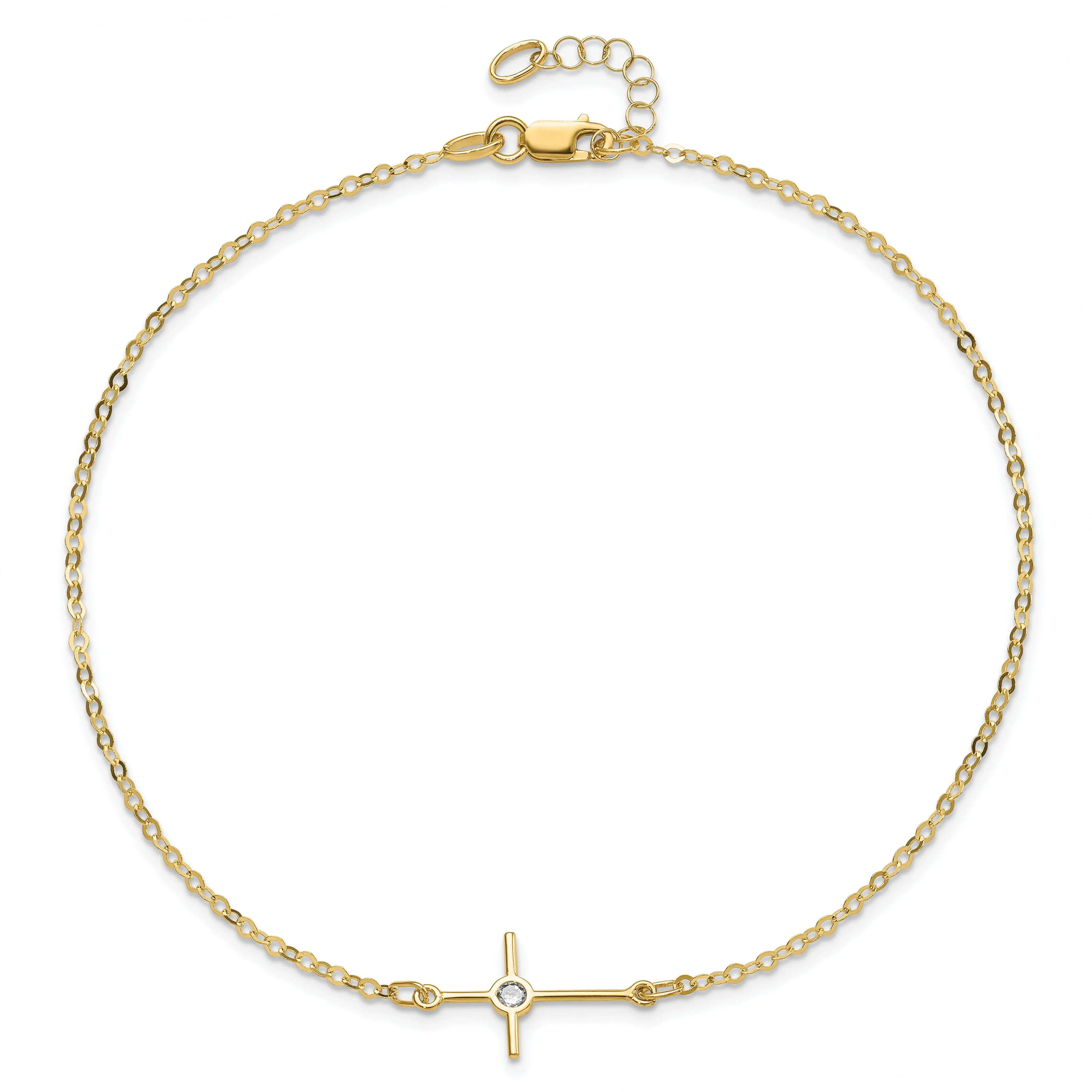 Leslie' 14k Yellow Gold Polished CZ Cross Anklet