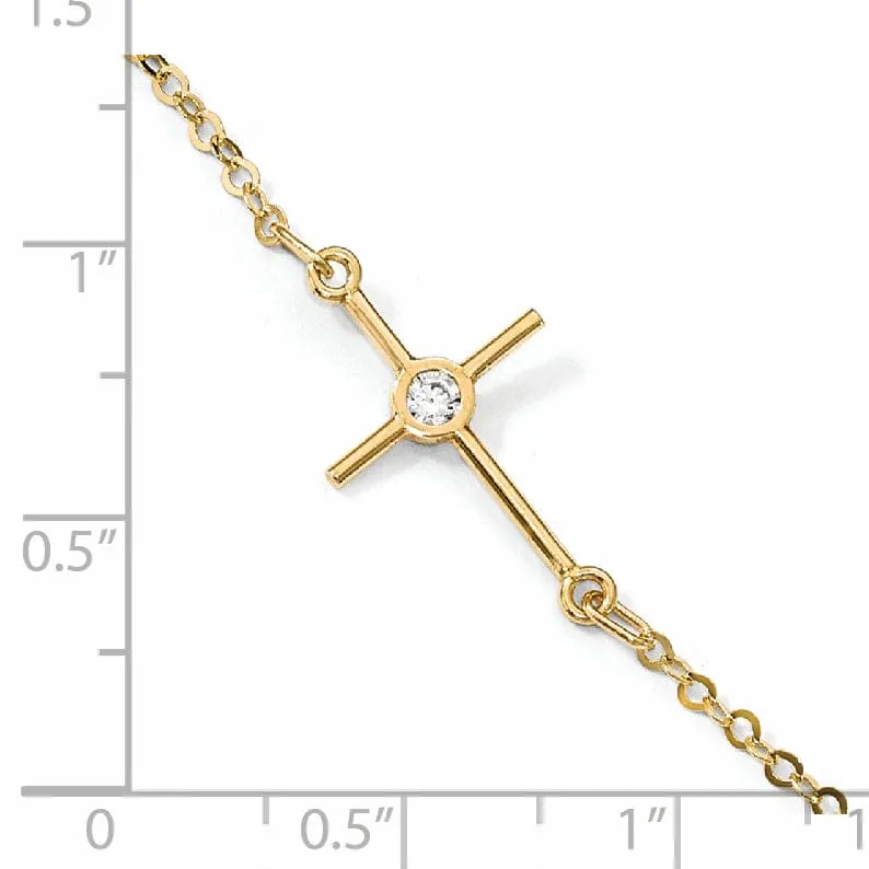 Leslie' 14k Yellow Gold Polished CZ Cross Anklet