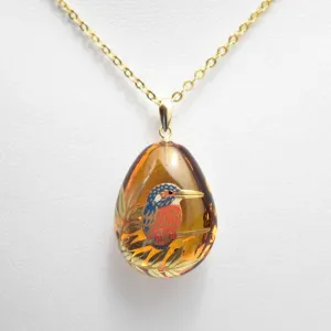 Maki-e Urushi Lacquer Pendant Necklace - Amber / Kingfisher -, Traditional Japanese Urushi Lacquer Jewelry