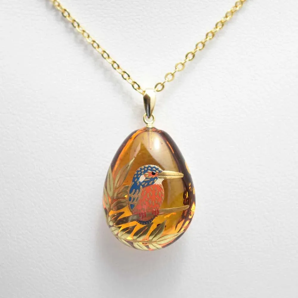 Maki-e Urushi Lacquer Pendant Necklace - Amber / Kingfisher -, Traditional Japanese Urushi Lacquer Jewelry