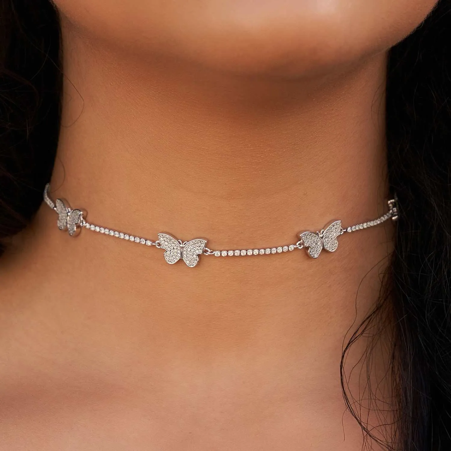 Micro Butterfly Choker   Anklet Bundle - White Gold