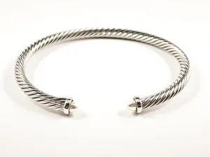 Modern Thin Cable Wire Texture With Dainty Pearl Duo Ends Brass Cuff Bangle