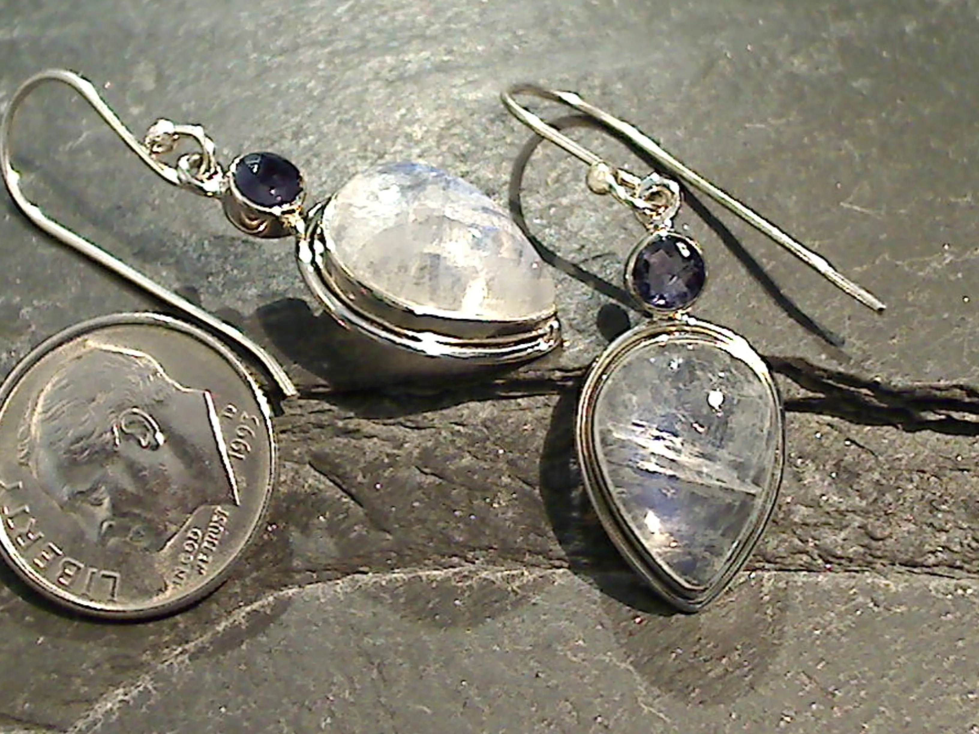 Moonstone, Iolite, Sterling Silver Earrings