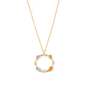 Multi coloured gemstones circle 18k yellow gold pendant