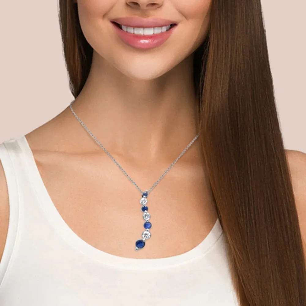 Natural Diamond and Blue Sapphire Journey Pendant Necklace 18" Long Chain .42ct G SI 14K White Gold