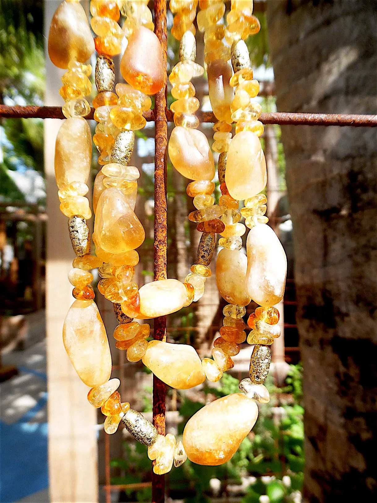 Necklace Triple Strand Citrine Amber and Agate