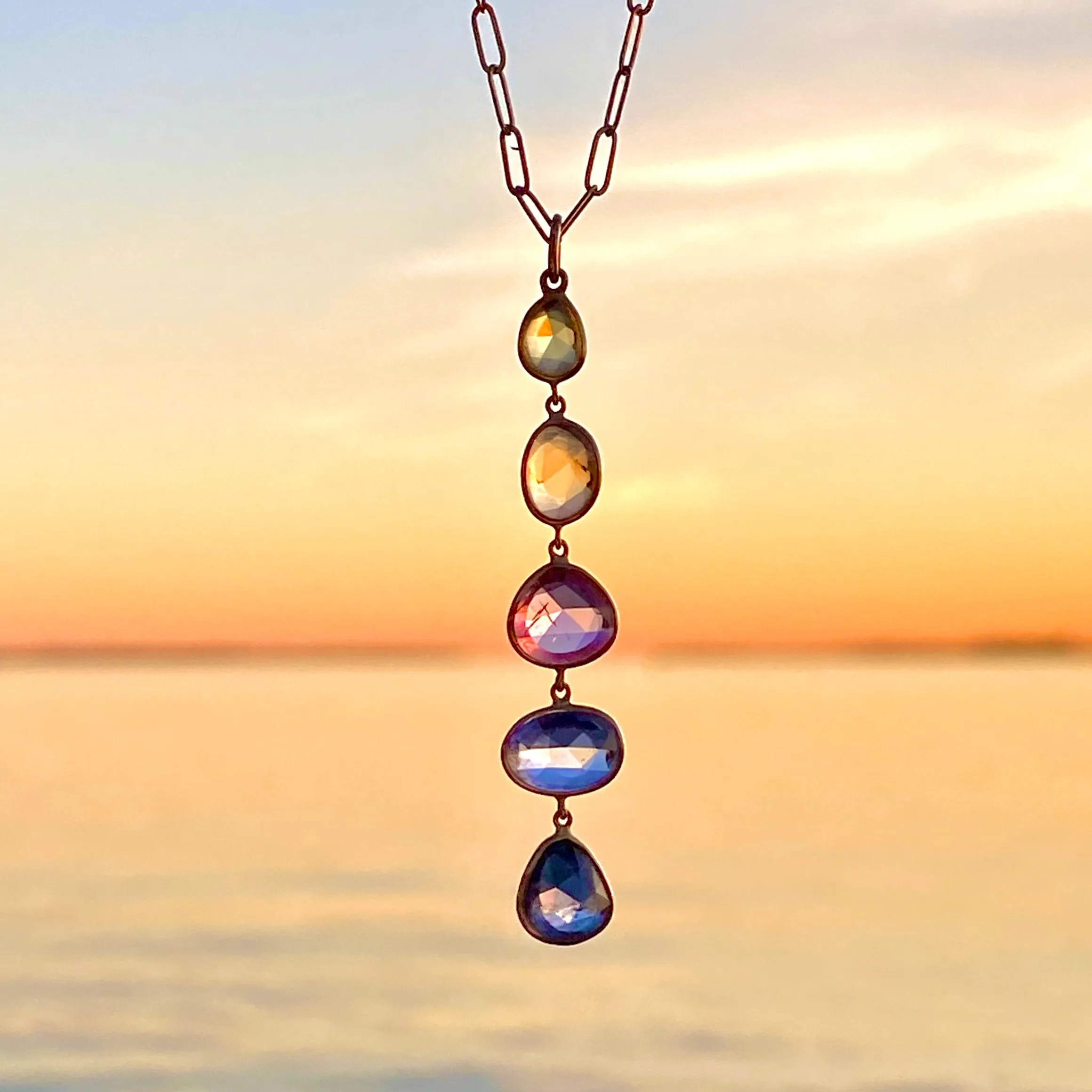 Organic Set Rose Cut Sapphire Sunset Necklace