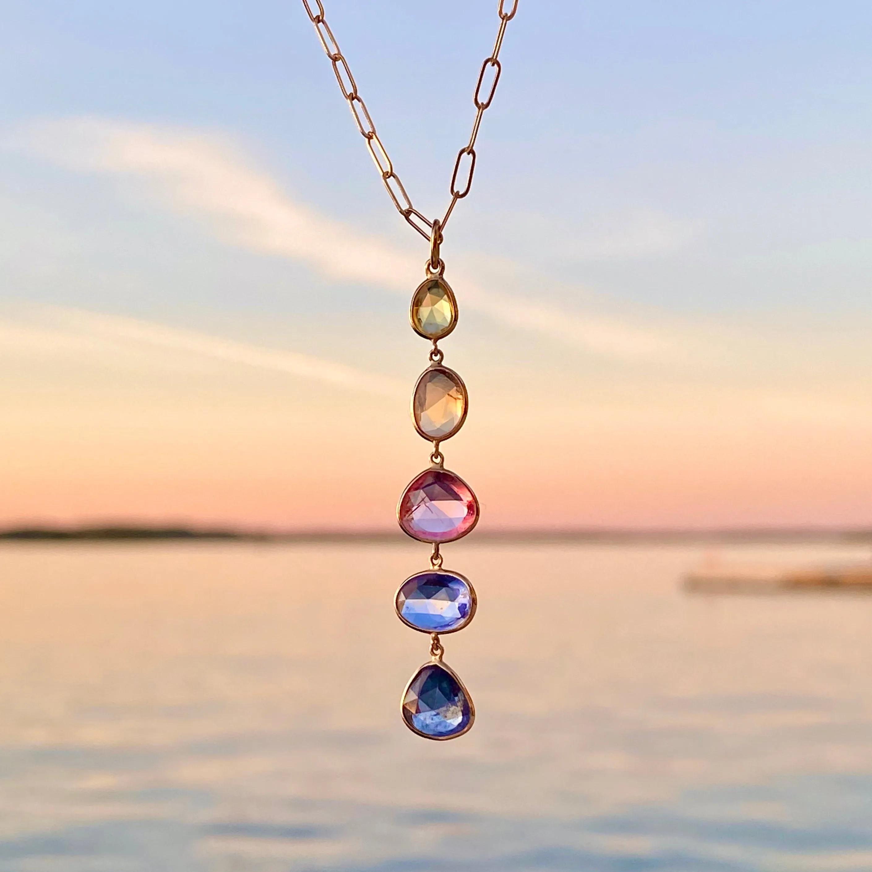 Organic Set Rose Cut Sapphire Sunset Necklace