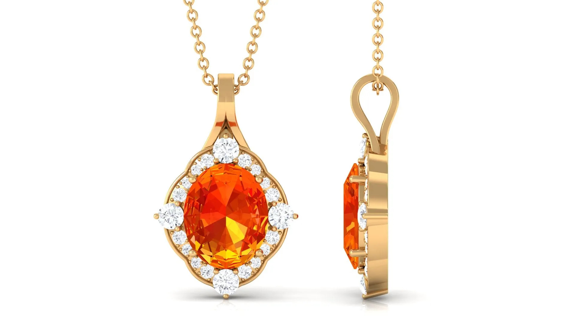 Oval Created Orange Sapphire Vintage Style Pendant with Diamond Halo