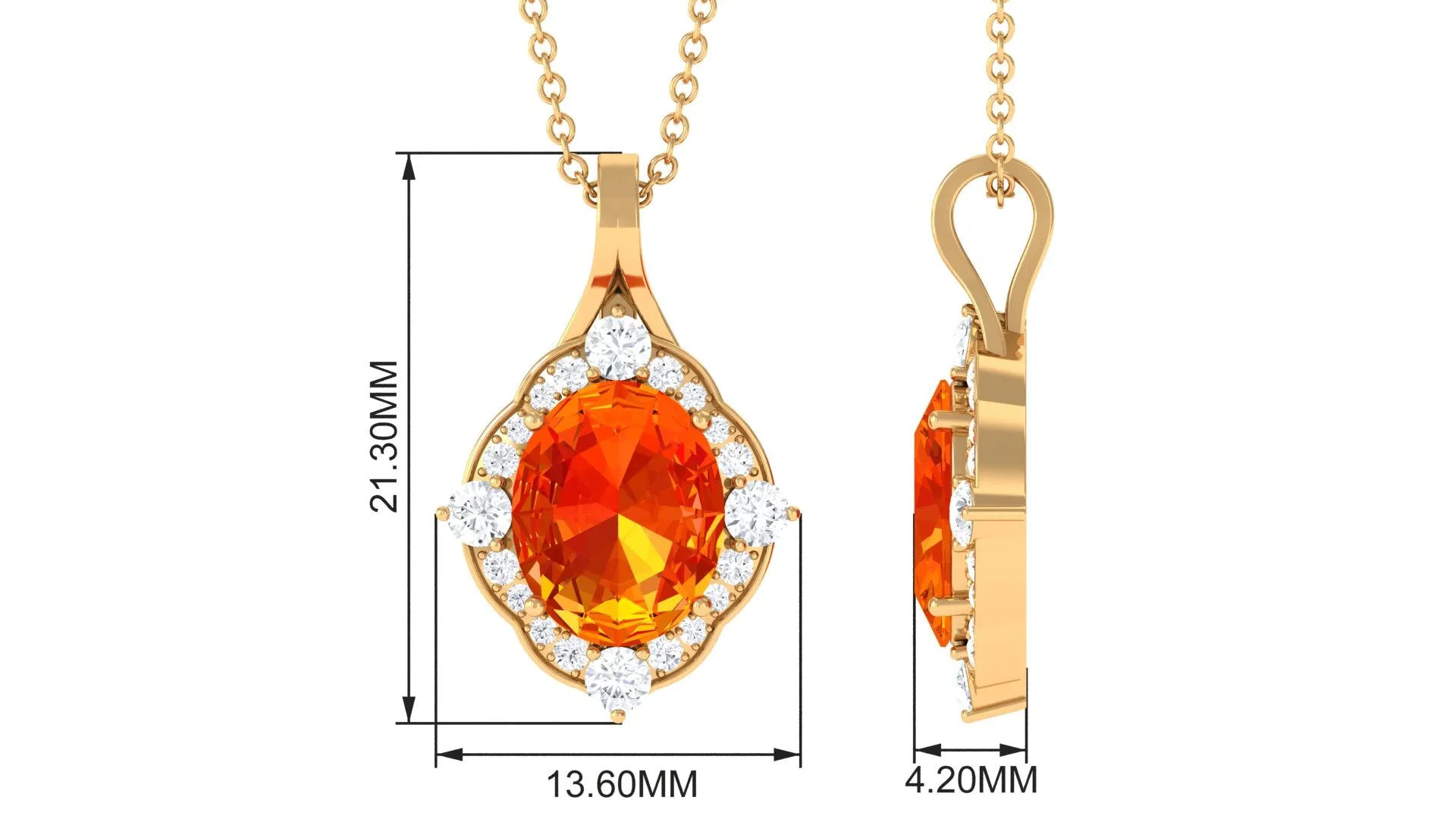 Oval Created Orange Sapphire Vintage Style Pendant with Diamond Halo