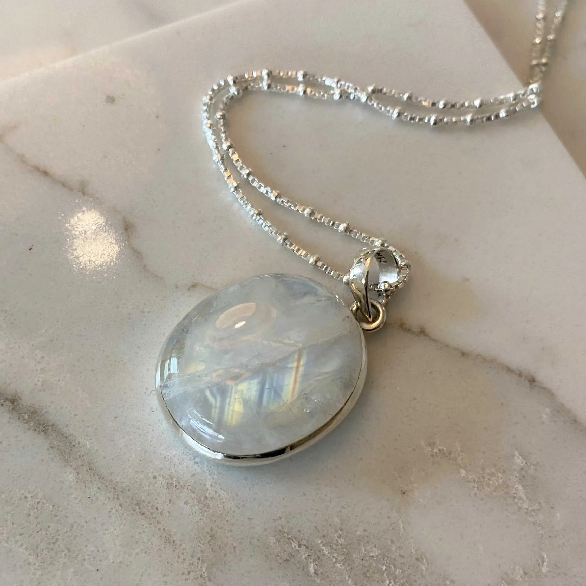 Oval Rainbow Moonstone Sterling Silver Statement Necklace, One of a Kind