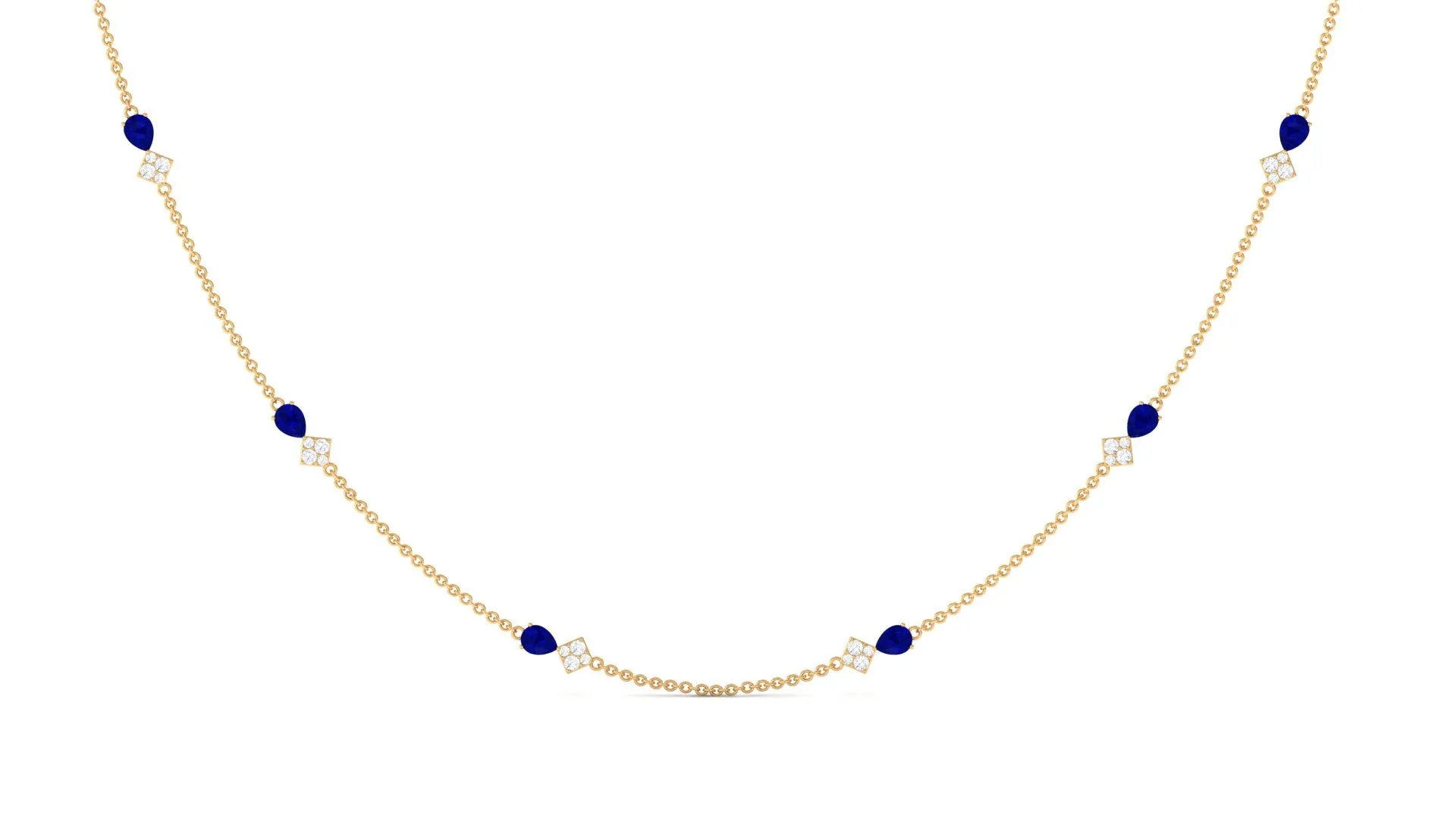 Pear Cut Created Blue Sapphire and Diamond Station Chain Necklace