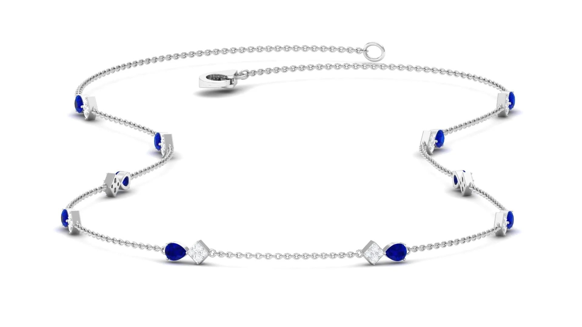 Pear Cut Created Blue Sapphire and Diamond Station Chain Necklace