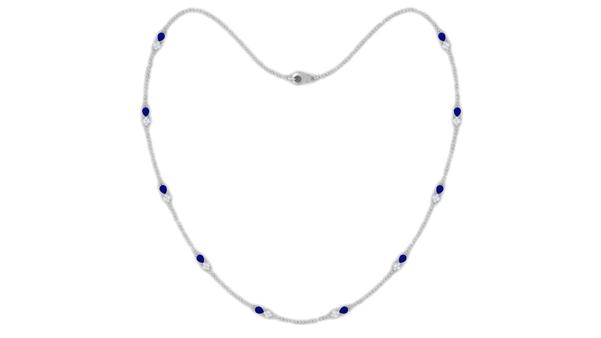 Pear Cut Created Blue Sapphire and Diamond Station Chain Necklace