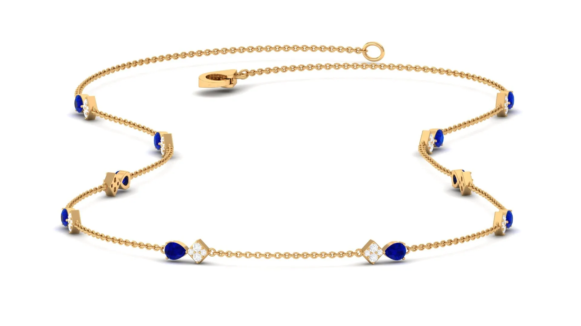 Pear Cut Created Blue Sapphire and Diamond Station Chain Necklace